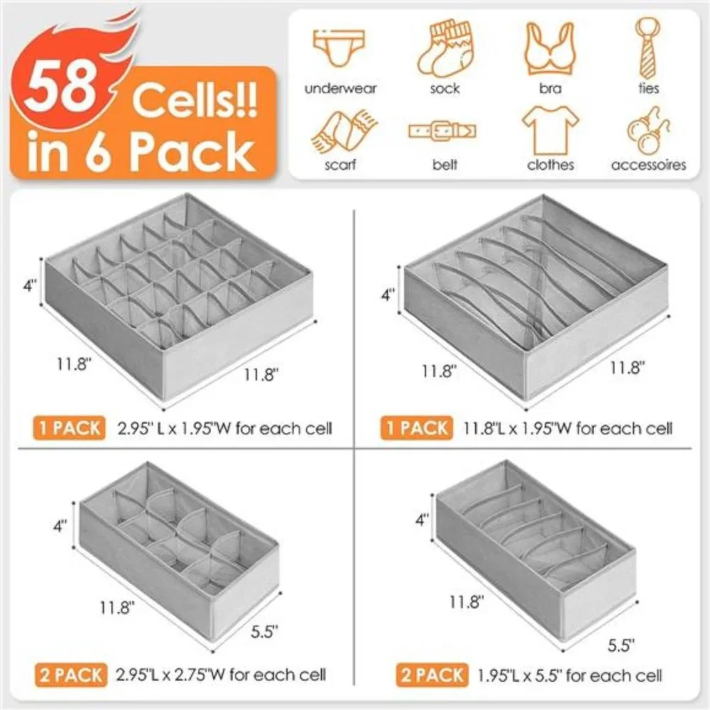 6 Pack Sock Underwear Drawer Organizer Dividers, 58 Cell Foldable Fabric Dresser